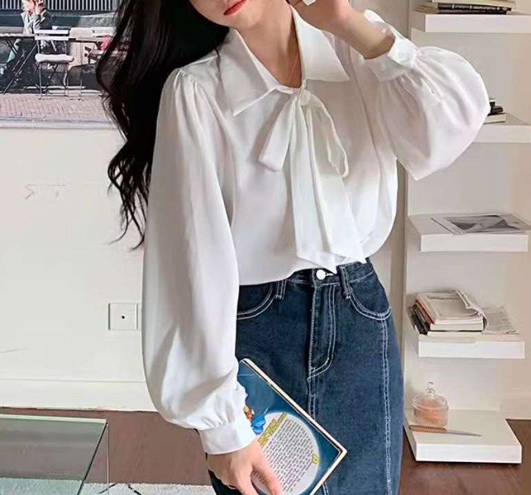 Camicia bianca da donna nuova primavera e autunno 2024 con fiocco francese in basso e manica lunga_voghion.com