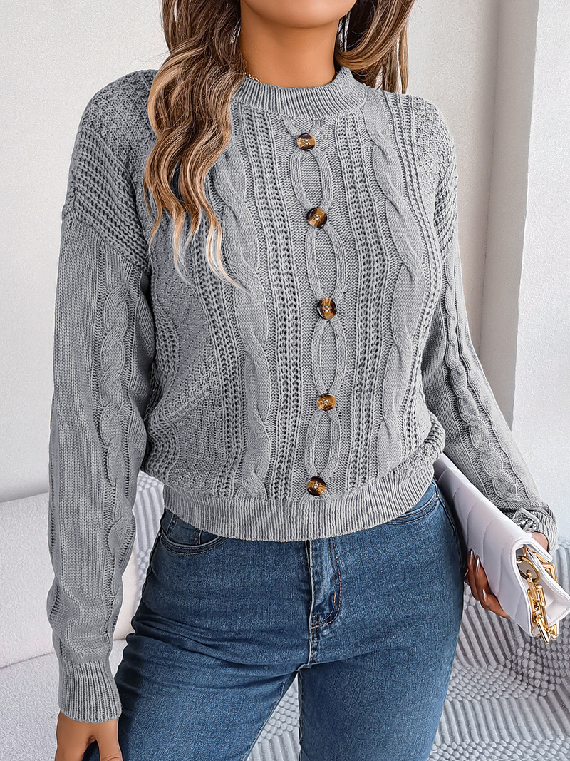 Cropped Sweaters for Women Crew Neck Crochet Knit Pullover Sweater Fall Trendy Button Long Sleeve Solid Color Jumper Tops_voghion.com
