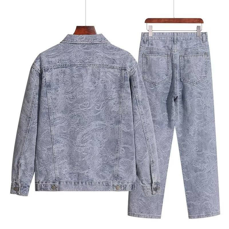 Giacca in denim primaverile e autunnale da uomo, set da due pezzi casual da uomo, stile vintage, in jacquard con stampa completa_voghion.com