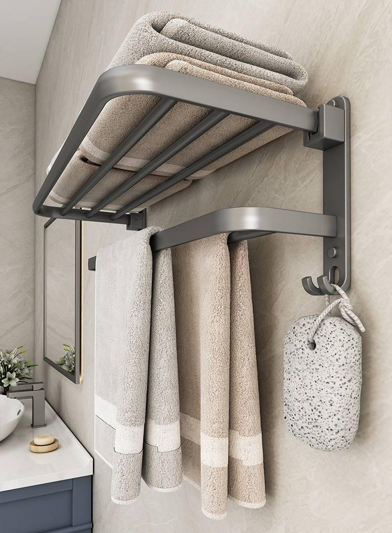 60cm Foldable Towel Rack Gun Grey Bathroom Storage Shelf Set - Space Saving 5-Piece Bathroom Organizer_voghion.com