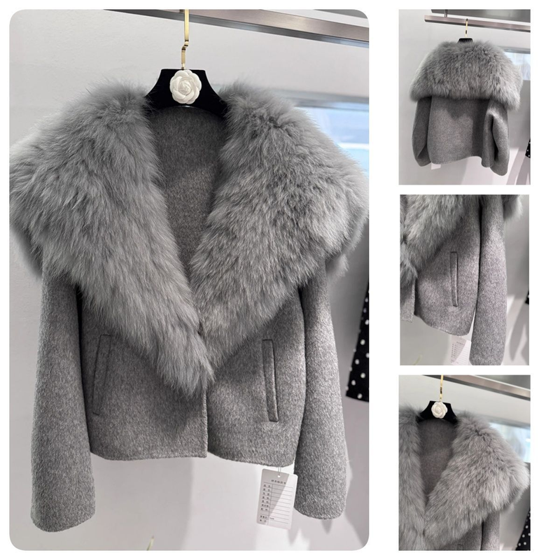 Luxuriöser Kurzmantel aus Kunstfuchspelz mit abnehmbarem Kragen – Wendbare Jacke aus Wollmischung mit elegantem Polokragen_voghion.com