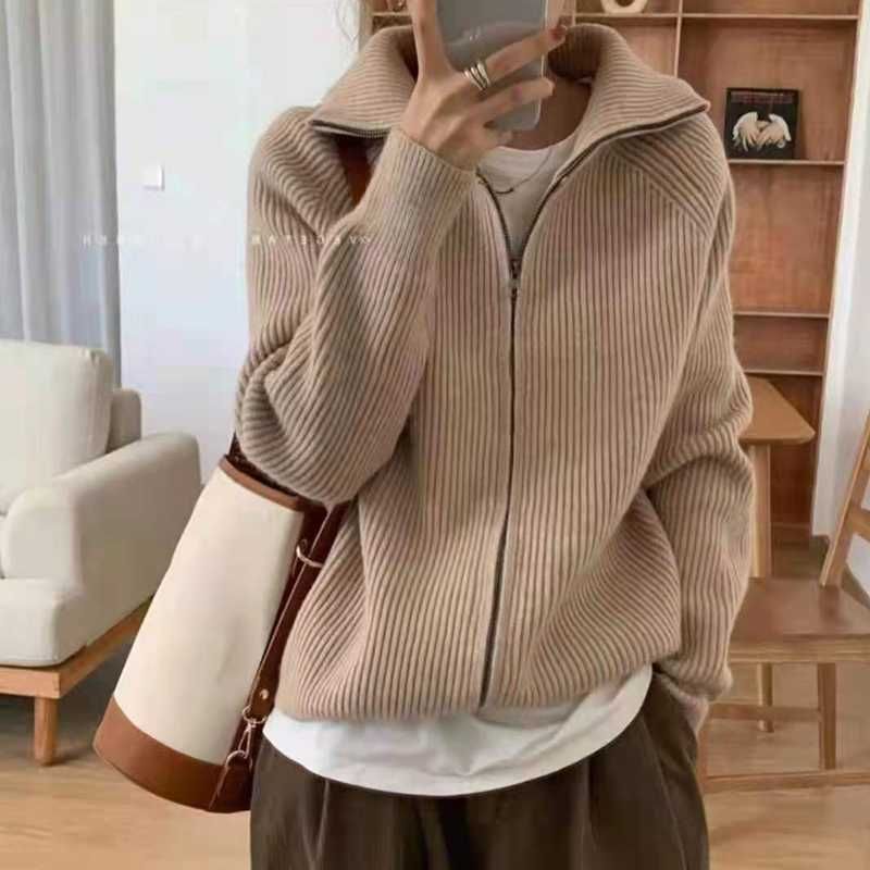 Damenbekleidung Vintage-Strickjacke mit Reißverschluss für Damen – Übergroßer, kuscheliger Pullovermantel für Herbst und Winter mit Reverskragen_voghion.com