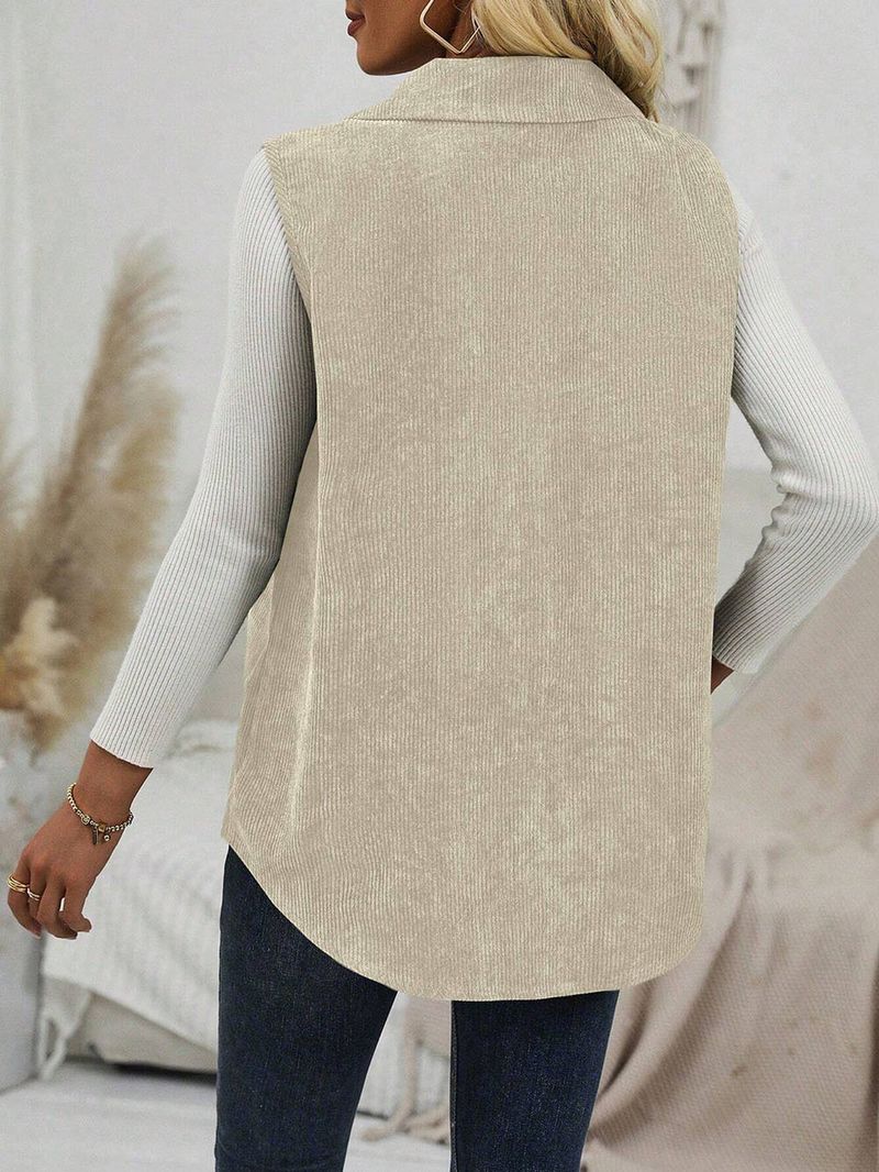 Gilet spolverino in velluto a coste da donna – Giacca lunga con bottoni e colletto a revers, cardigan casual da ufficio color cammello, capo essenziale per un look a strati in poliestere_voghion.com