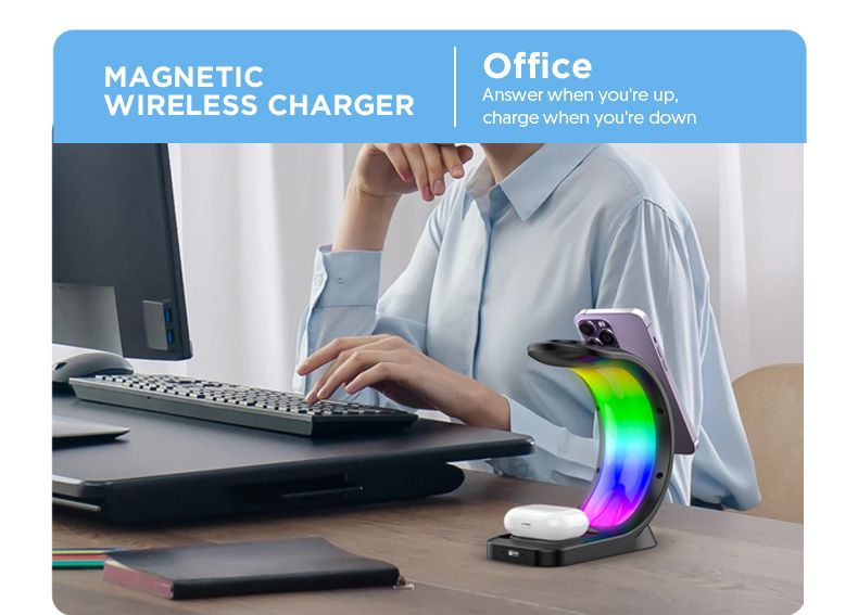 3 an 1 Magnéitescht Kabellos Ladegerät Schnellladung Fir Smartphone Atmosphär Liicht Ladegerät Fir Airpods Pro iPhone Auer_voghion.com