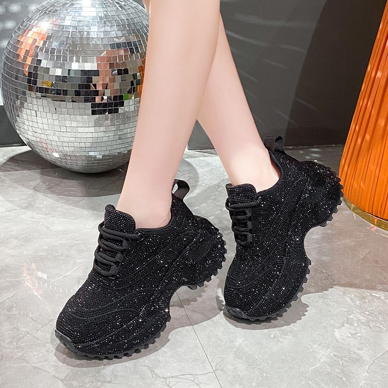 Modische Damen-Sneaker mit Strasssteinen – klobige Plateauschuhe für mehr Körpergröße, atmungsaktives Obermaterial aus PU, lässige und trendige Low-Top-Schnürschuhe_voghion.com