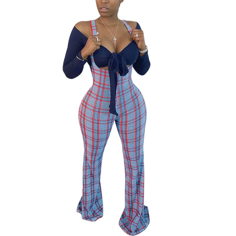 Women's sexy slim line shoulder coat plaid suspenders two-piece set_voghion.com