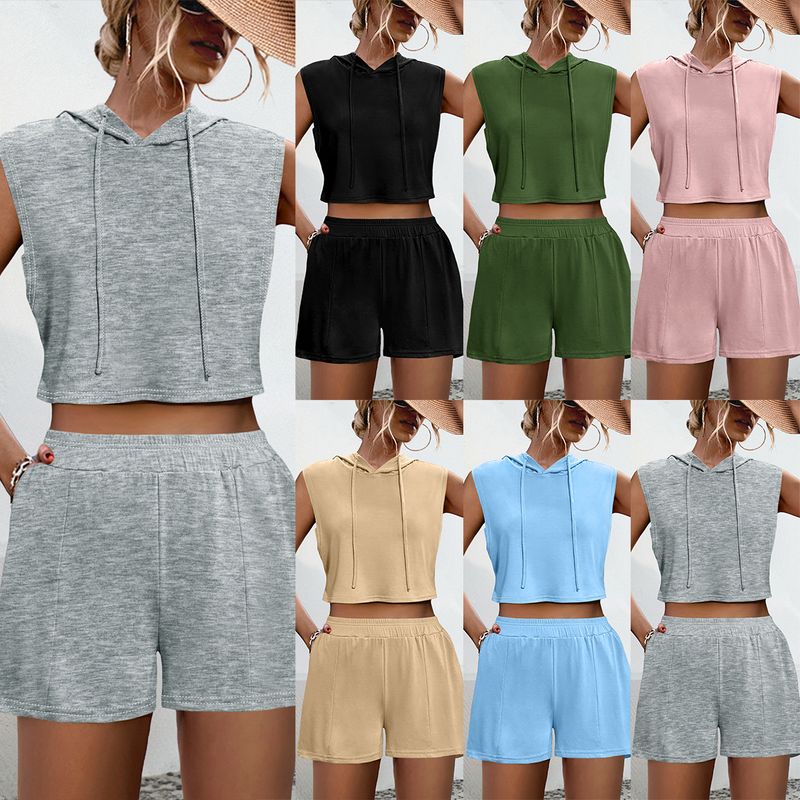Completo da donna in 2 pezzi, con gilet, pantaloncini, senza maniche, con cuciture e lacci, tasca casual_voghion.com