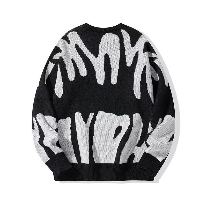 Hue Hue Men's Autumn Winter New Trendy Version Personality Round Neck Youth Black White Jacquard Plus Size Knitted Sweater_voghion.com