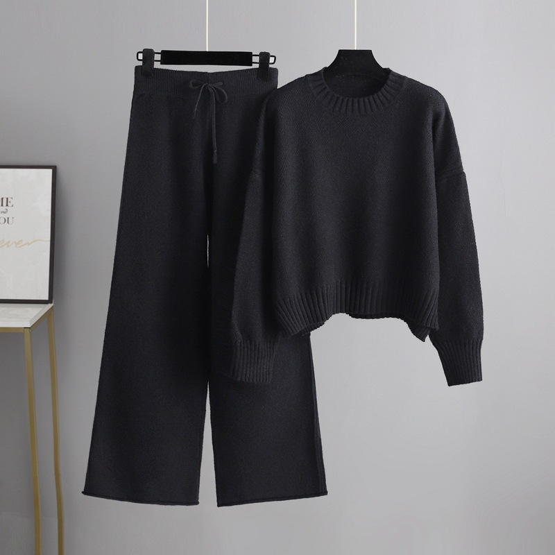 Dammekleeder Hierscht a Wanter nei Moud Casual Strickkostüm Hosen Dammenversioun locker Pullover Breetbeen Hosen Hosen Zwee-Stéck Set_voghion.com