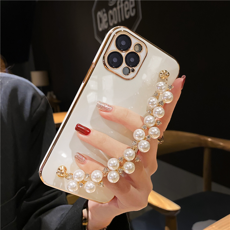 Lyxplätering Pearl Armband Kedja Mjukt Fodral För iPhone 13 14 12 Pro Max 11 XS X XR 7 8 Plus mini SE 2 Glitter Silikonskydd_voghion.com