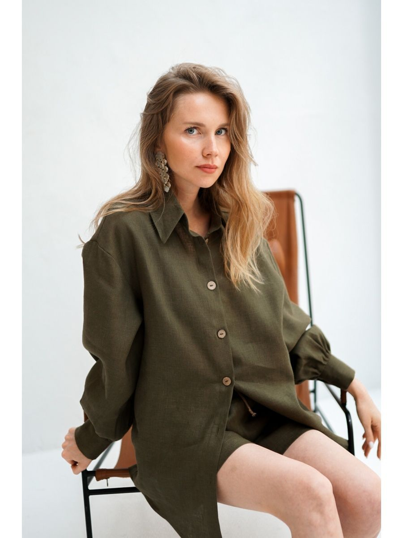 Camicia di lino 2024 Estate nuova camicia casual con maniche a lanterna verde scuro + pantaloncini_voghion.com
