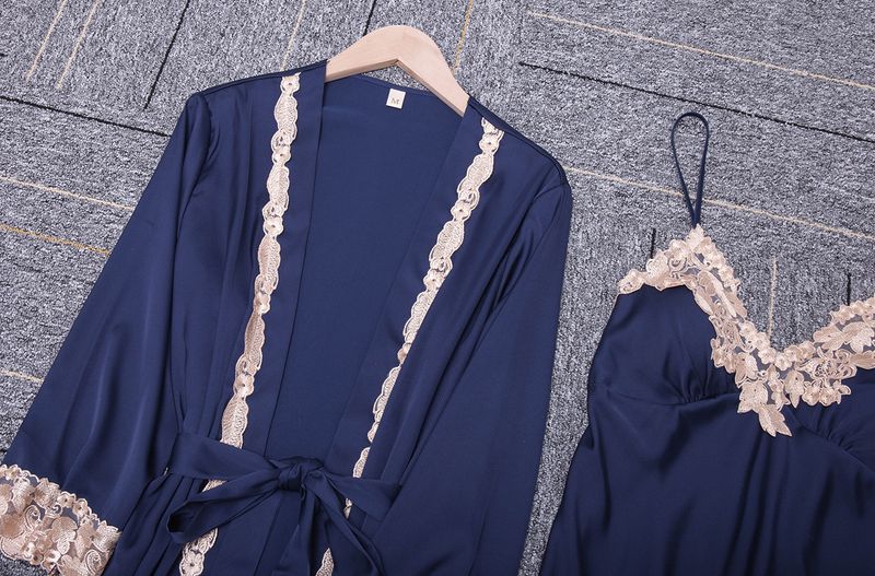 Yaoting Satin Chiffon Pyjamas Frauen Frühling und Sommer fünf Stück Eis Seide Sommer sexy Spitze Gürtel Brustpolster Hause Kleidung Herbst_voghion.com