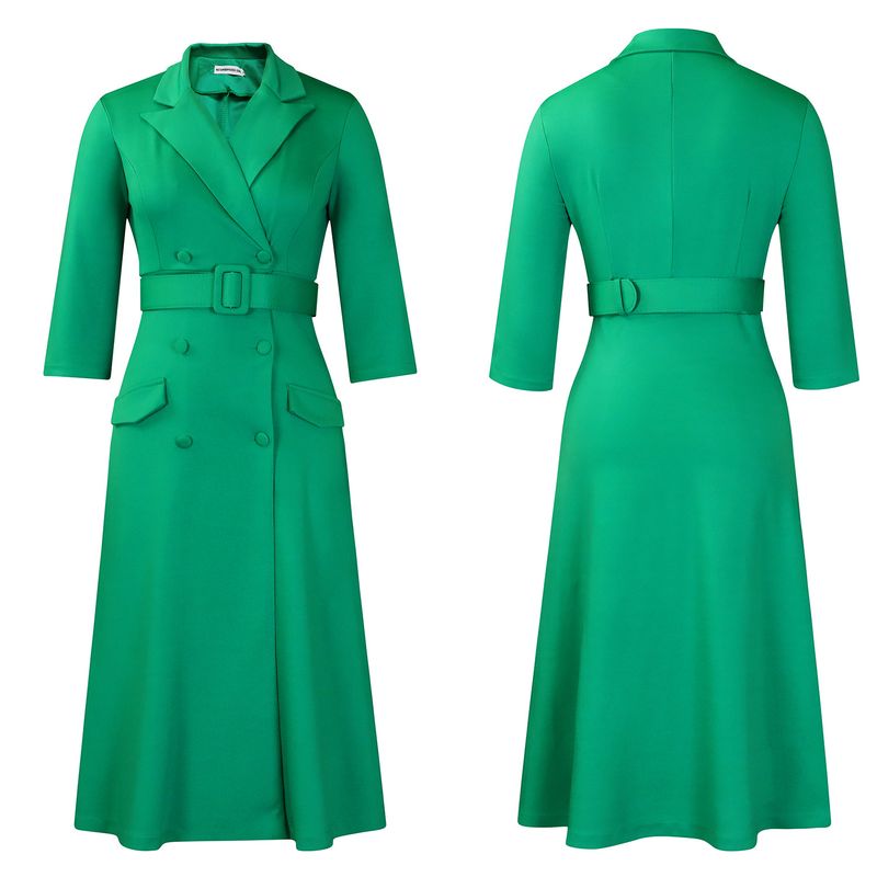 Damenbekleidung Damenmode Temperament Zweireihiger Anzugkragen Einfarbiges Kleid Mittellanges Kleid_voghion.com