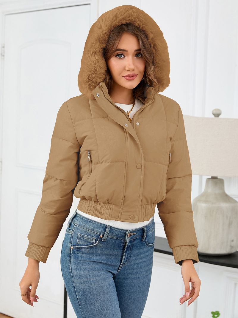 Women's Clothing Women's Slim Fit High Waist Short Puffer Jacket With Fleece Lining, Warm Winter Coat For Casual Outfits (White/Black/Khaki)_voghion.com