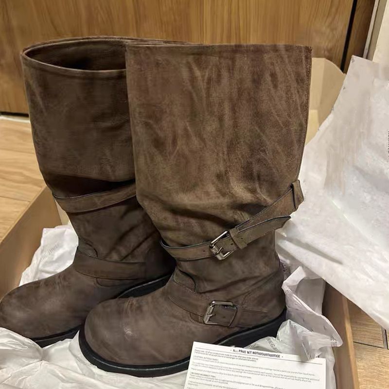 Cowhide Version~Korean Version Wide Tube Color Rubbing Sole Retro High Women's Pile Thick Heel Long Knight Boots_voghion.com