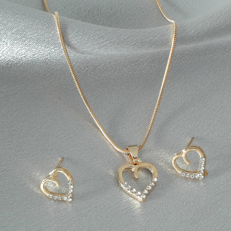 2 PCs Love Necklace Earring Set Minimalist Metal Zircon Peach Heart Sweater Chain _voghion.com