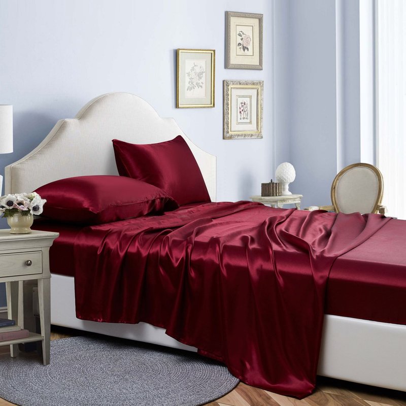 Juego de sábanas de satén de 4 piezas, ropa de cama de lujo con sábana ajustable, sábana encimera y fundas de almohada, tela ultra suave y agradable para la piel._voghion.com