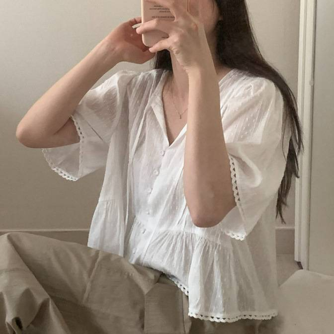 Vintage Floral Lace Short Sleeve Blouse Women's Loose Crochet Top Summer Boho Chic Casual Shirt_voghion.com