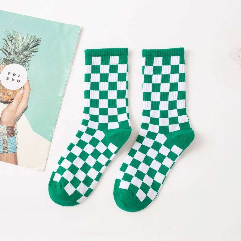 6 Pairs--Checkerboard Men's And Women's Fashion Street Brand Mid Tube Academy Style Cotton Skateboarding Socks_voghion.com