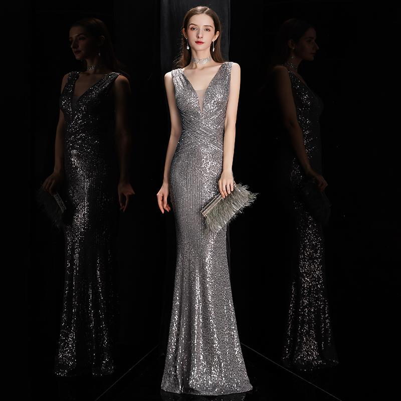 Elegantes Champagner-Meerjungfrauen-Abendkleid mit Pailletten – Eng anliegendes, sexy langes Kleid für Bankette, Partys und besondere Anlässe_voghion.com