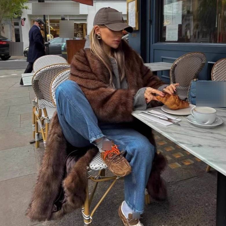 Cappotto di pelliccia sintetica di lusso da donna, lungo e morbido, in pelliccia di volpe, oversize, casual, invernale, con tasche, cappotto di pelliccia di volpe allungato casual da donna, ampio_voghion.com