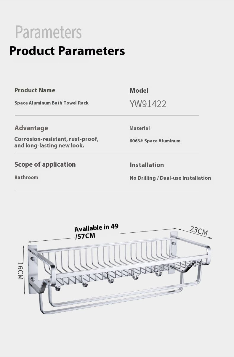 Space Aluminum No-Drill Bathroom Shelf – Wall-Mounted Shower Organizer With Mesh Basket, Rustproof Towel Rack For Bathroom & Toilet_voghion.com