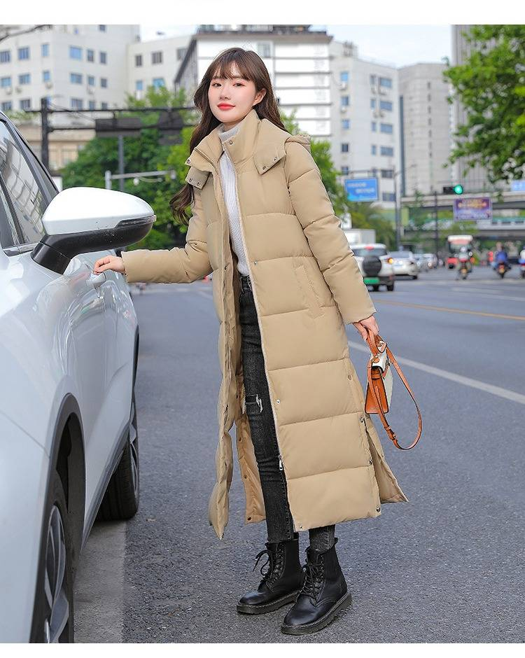 Women's Winter Hooded Long Puffer Coat With Thickened Polyester Filling, Oversized Knee-Length Warm Jacket For Plus Size_voghion.com