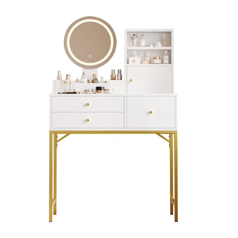 Großer Schminktisch mit dimmbarer LED-Beleuchtung (3 Farbtemperaturen), 3 Schubladen & 1 Türn,1 Spiegel_voghion.com