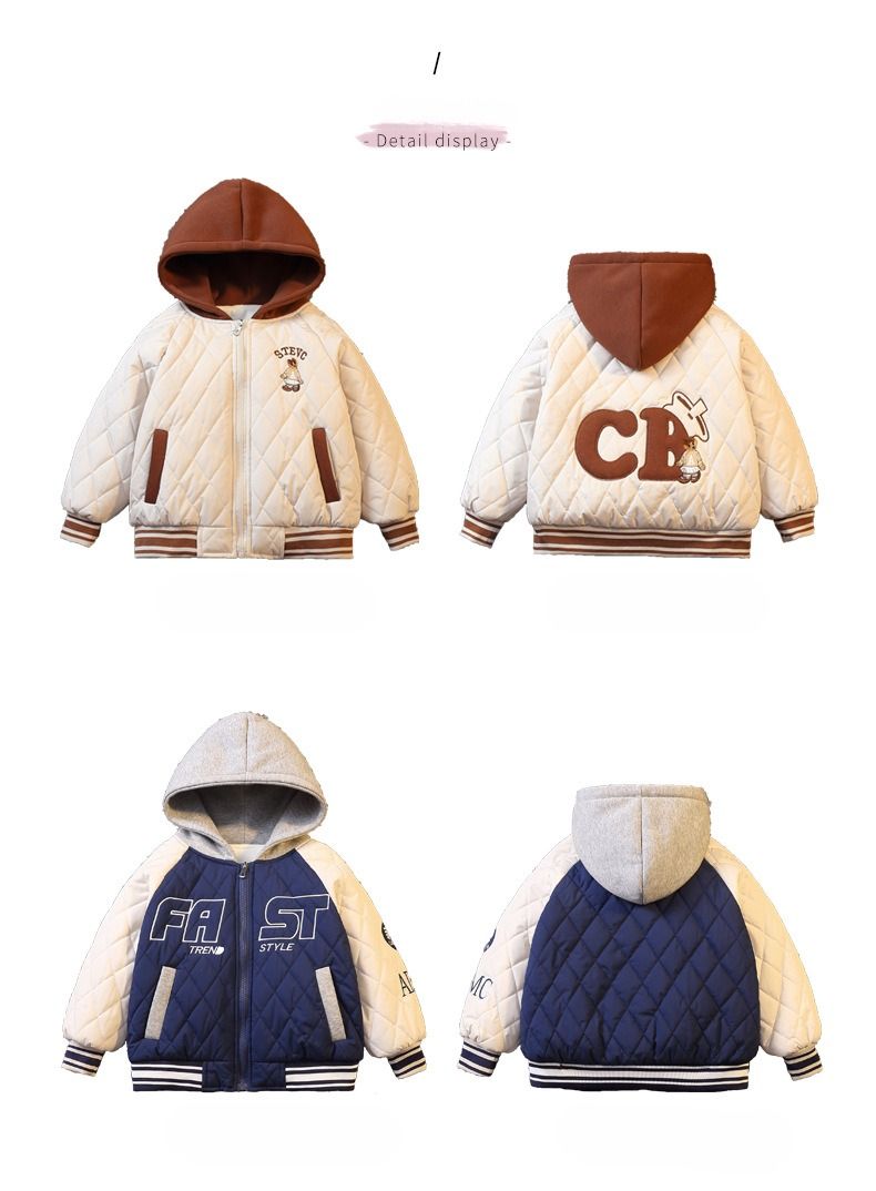 Kids' Baseball Jacket – Thickened Cotton Coat For Boys & Girls (Ages 8+, 110-150cm, Beige/Navy, Soft & Warm, Cartoon Print, High Neck Design)_voghion.com