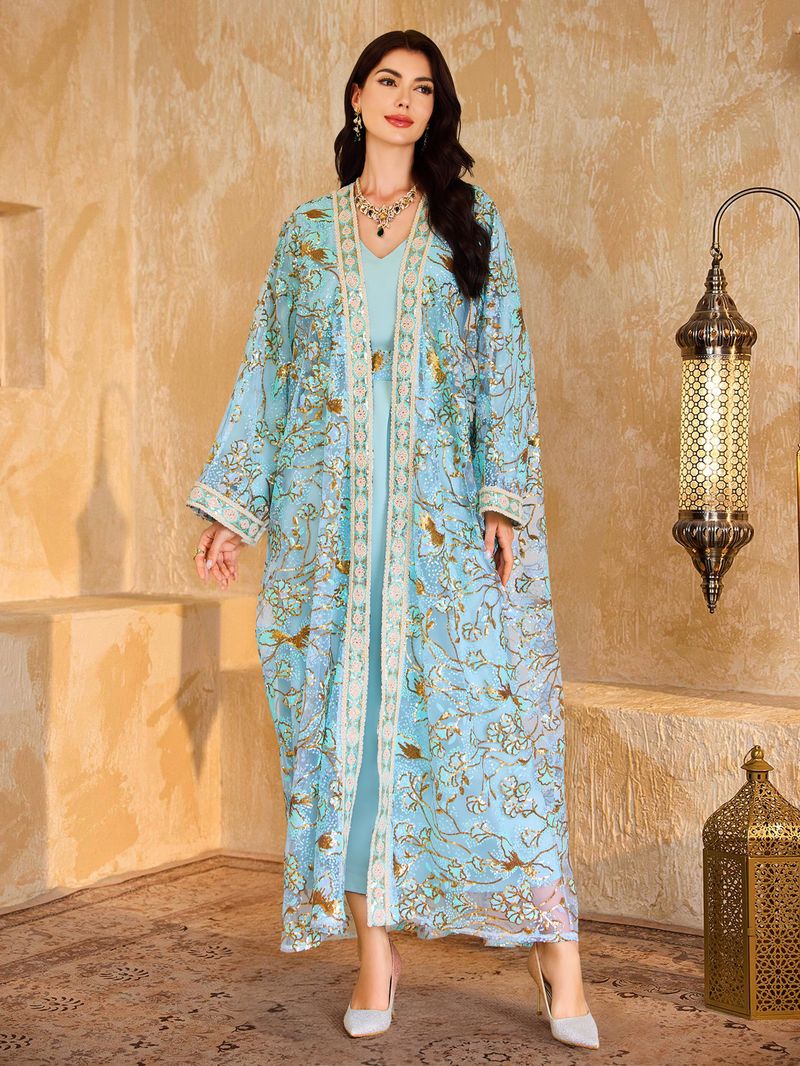Elegant Gold-Embroidered Abaya Dress – Modest Muslim Long Sleeve Maxi With Floral Lace & Batwing Sleeves (S-XXL, Mint Green)_voghion.com