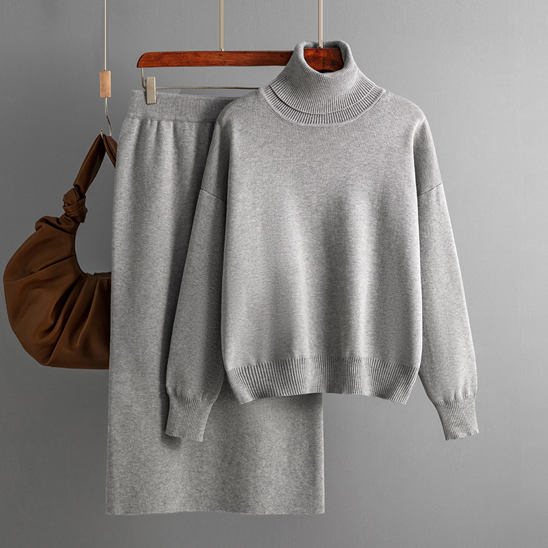 Women's clothing Solid color turtleneck sweater half-body hip-hugging skirt two-piece set knitted suit for women_voghion.com