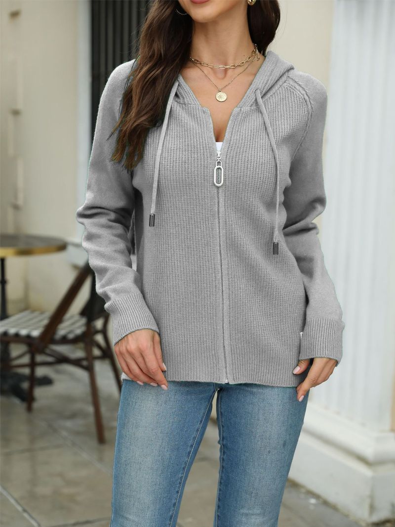 Cardigan in maglia con cappuccio e cerniera da donna - Maglione pullover in tinta unita con coulisse per autunno e inverno_voghion.com