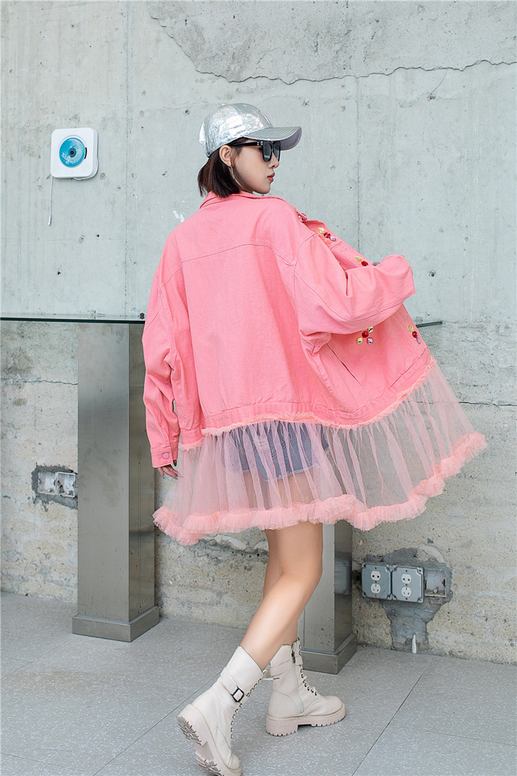 QING MO Damer Heavy Industry Paljetter Kappa Lös Mellanlängd Färg Diamanter Bead Splicing Mesh Denim Coat 2023 Höst_voghion.com