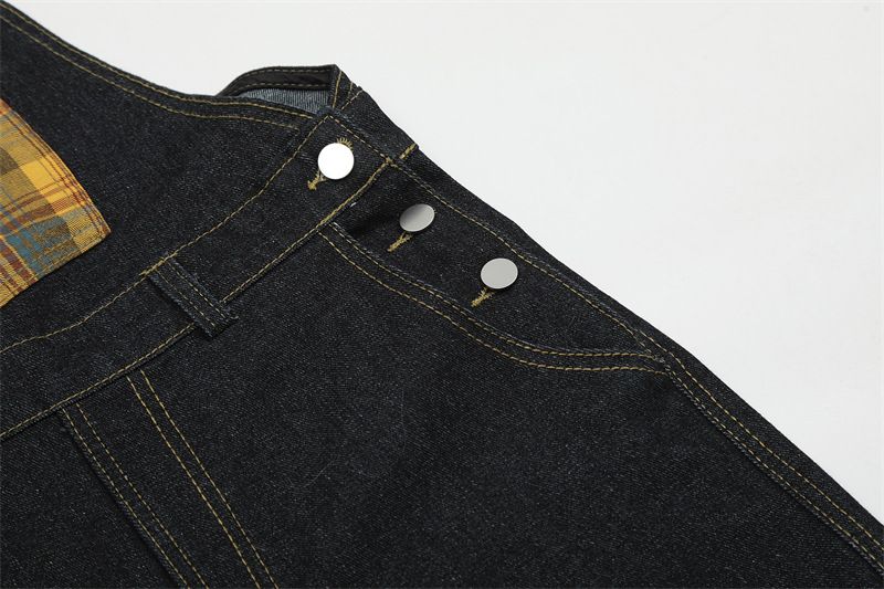 Men's Clothing Retro Niche Design Plaid Stitching Scimitar Jeans Men's And Women's Overalls Wide Leg Mopping Pants_voghion.com
