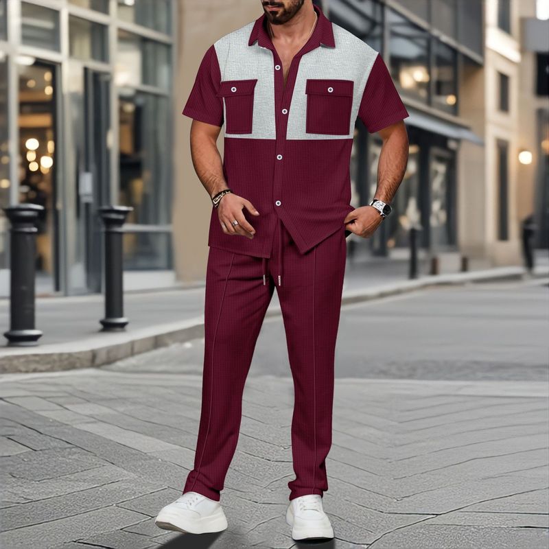Herenkleding Nieuw wafelpatroon met vier rijen zakken, bijpassende korte mouwen overhemd en broek, tweedelig pak_voghion.com