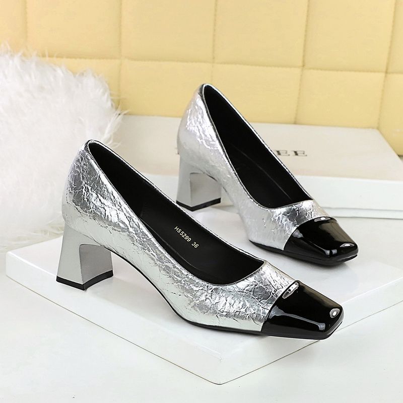 5299 Korean Version Banquet Women's Shoes Mary Jane Cracked Splicing Commuting High Heels Mid Thick Heel Square Toe_voghion.com