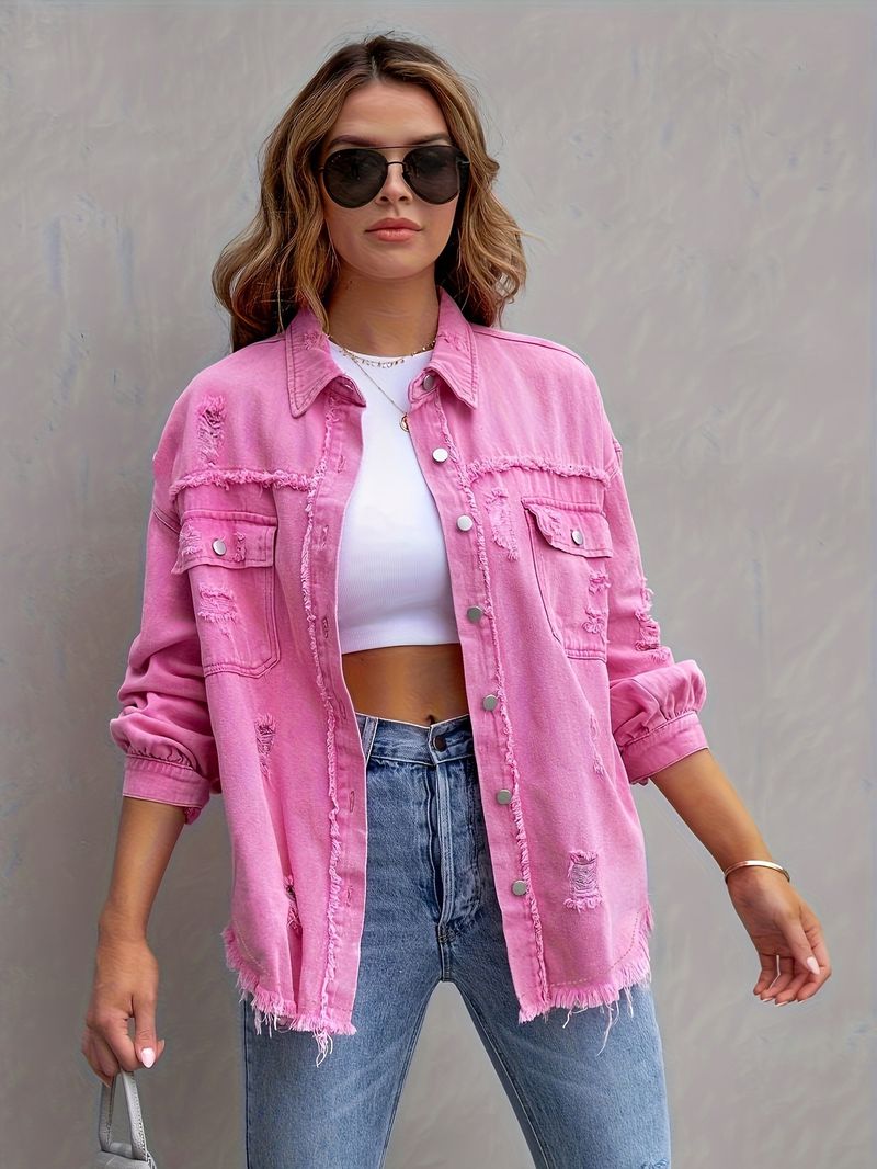 Damen Distressed Jeansjacke Übergroßer Langarm-Freizeithemdmantel in Unifarben_voghion.com