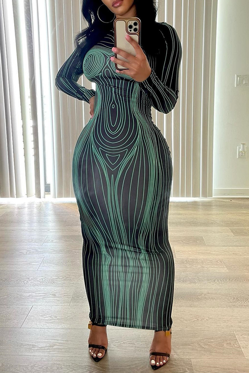2025 Herbst Neue Damen Langarm Rundhals Mode Gedruckt Slim Fit Bodycon Basis Kleid_voghion.com