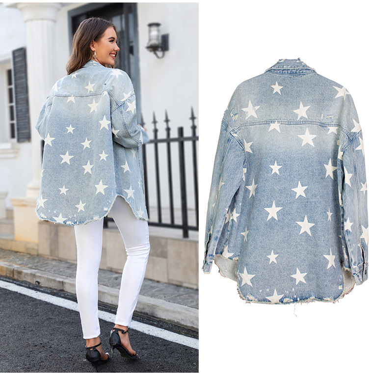 Sieviešu džinsu jaka ar zvaigžņu apdruku ar garām piedurknēm_voghion.com
