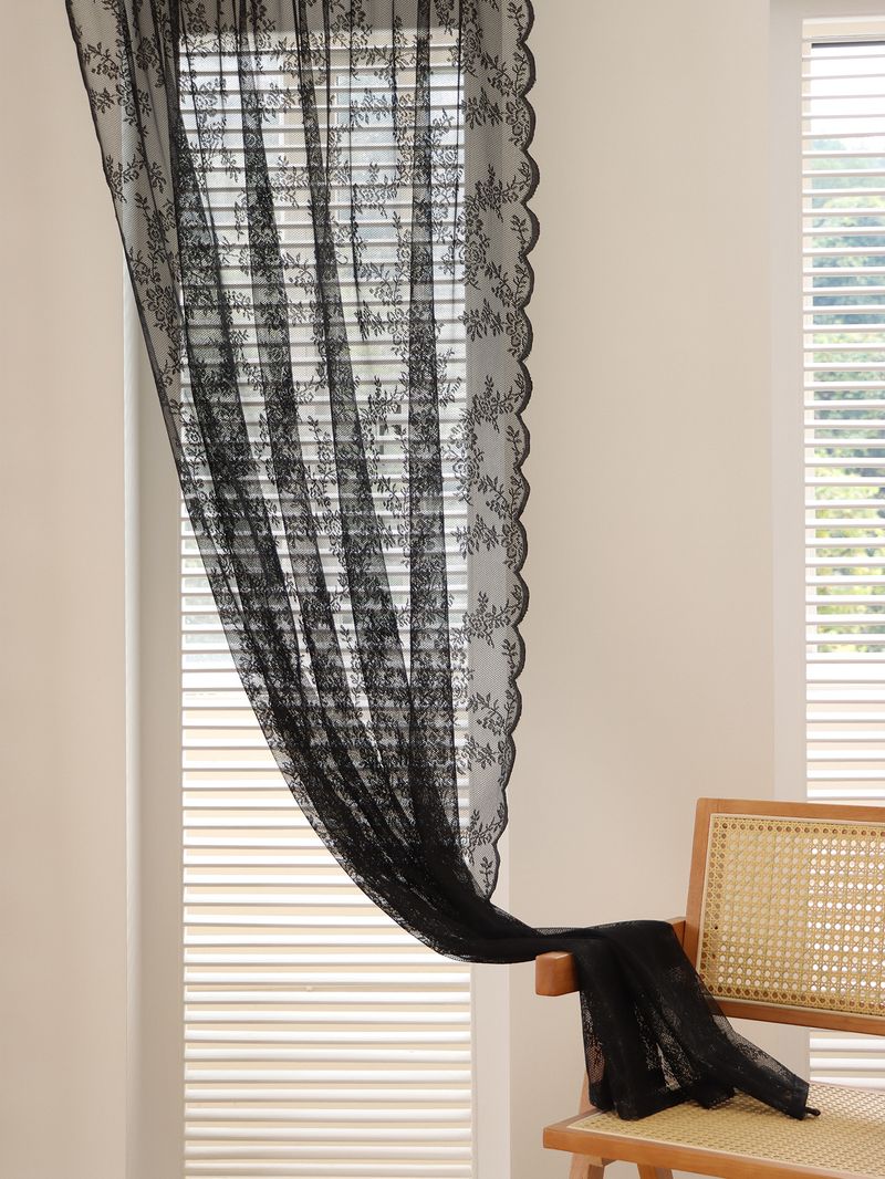 Black Korean Wave Lace Sheer Curtains For Living Room Bedroom Balcony Light Filtering Window Drapes Room Divider_voghion.com