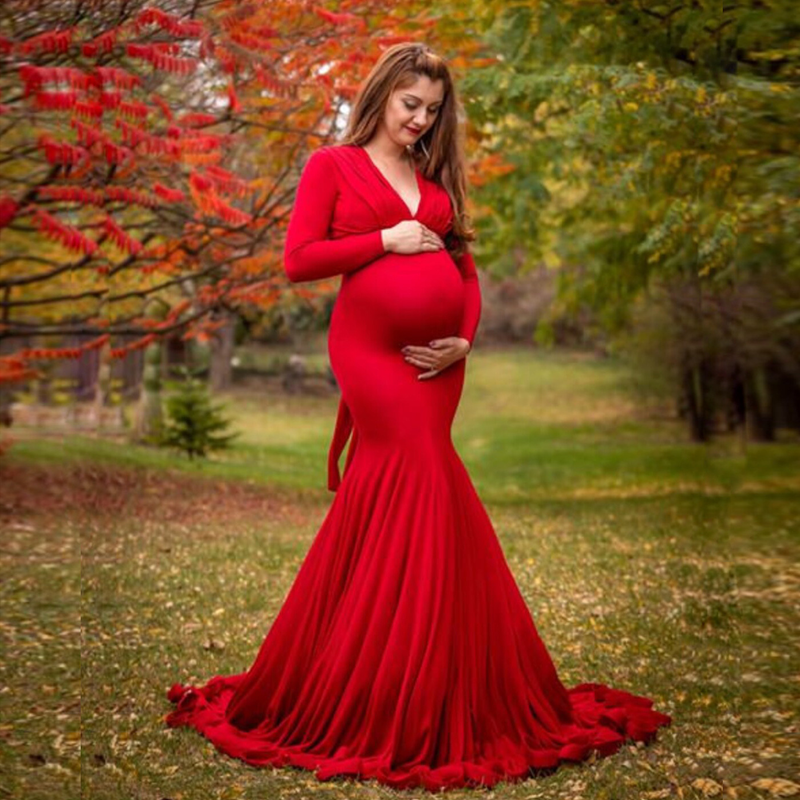 Abito da sera premaman in cotone mercerizzato con scollo a V, maniche lunghe, abito da fotografia_voghion.com