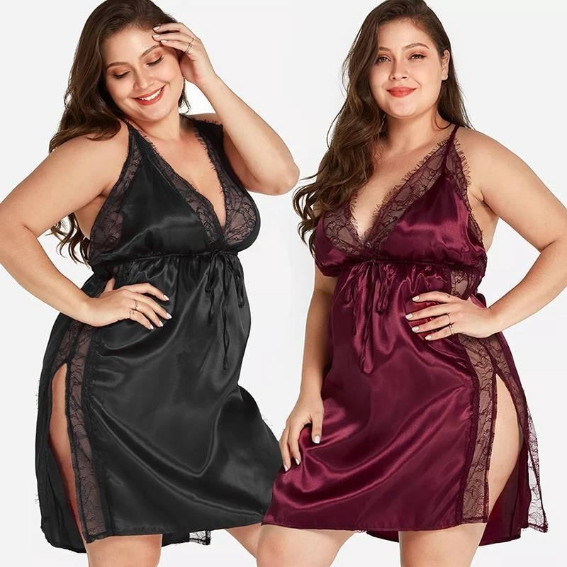 Plus Size Women Sleeveless Deep V Neck Backless Hollow Out Lace Pajamas Lingerie Dress_voghion.com