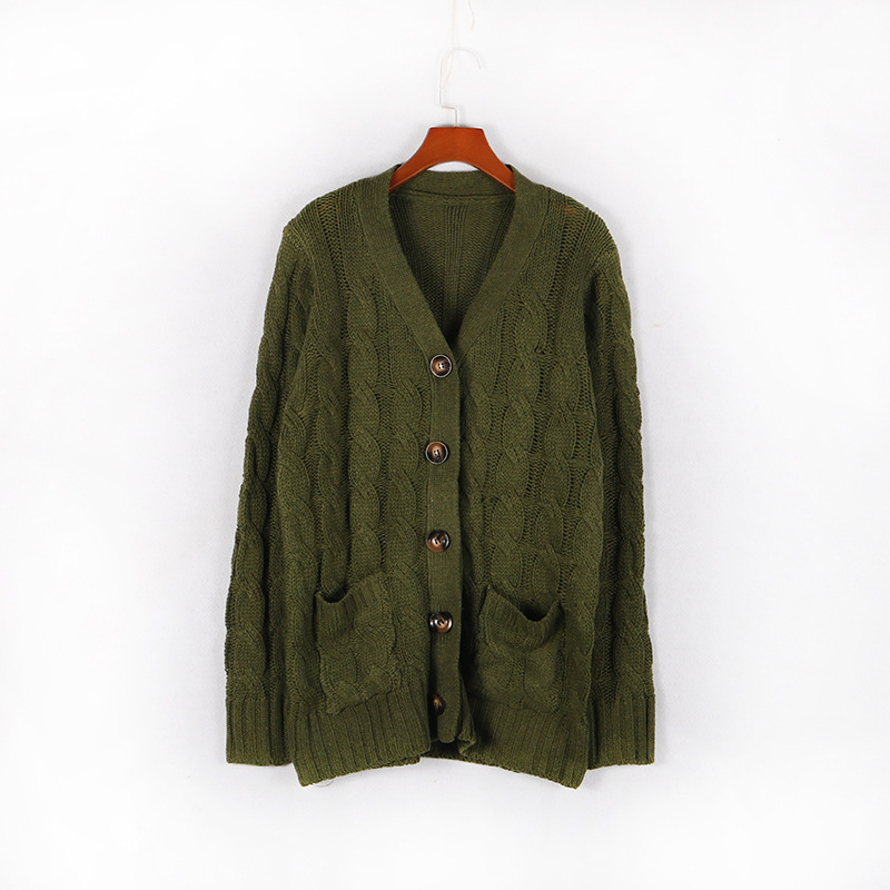Neuer einreihiger, dicker, langärmliger Strickpullover-Cardigan-Mantel für Herbst und Winter mit verdrehter Tasche für Damen_voghion.com
