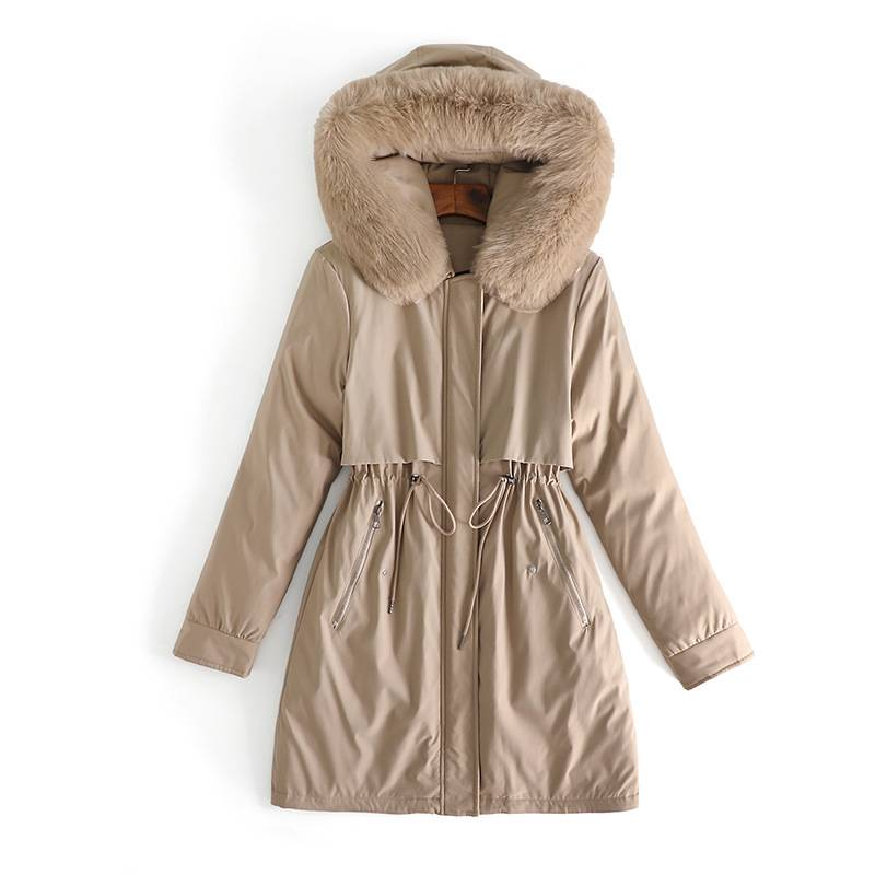 Damenbekleidung Baumwolljacke Damen Mittellange und lange modische Taillen-Baumwolljacke Dicker großer Mantel_voghion.com