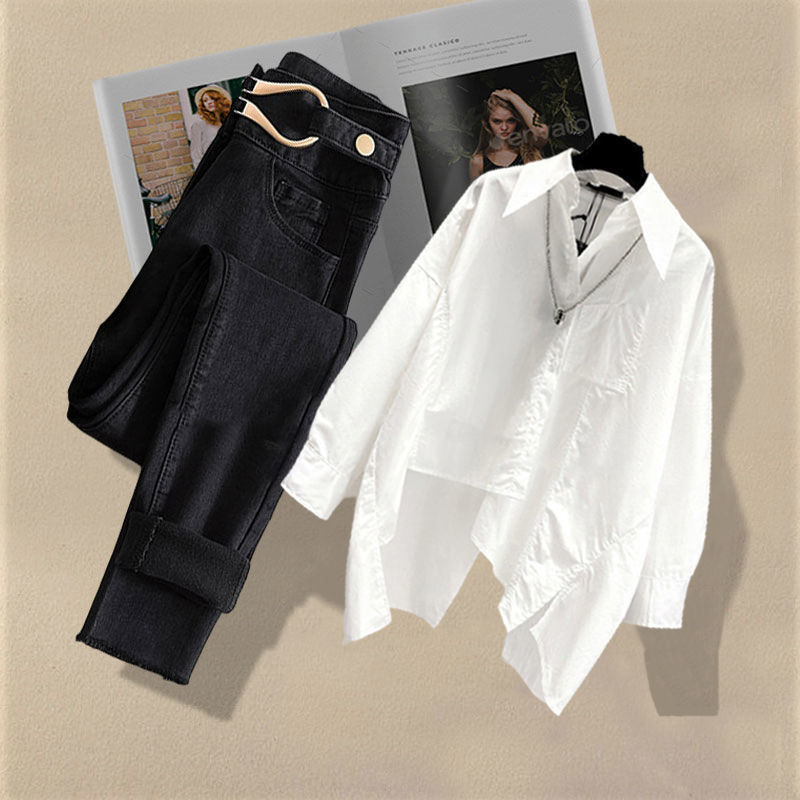 Dametøj Ny stil Moderigtigt Patchwork-skjorte Top Slim All Match Jeans Todelt jakkesæt Trendy_voghion.com