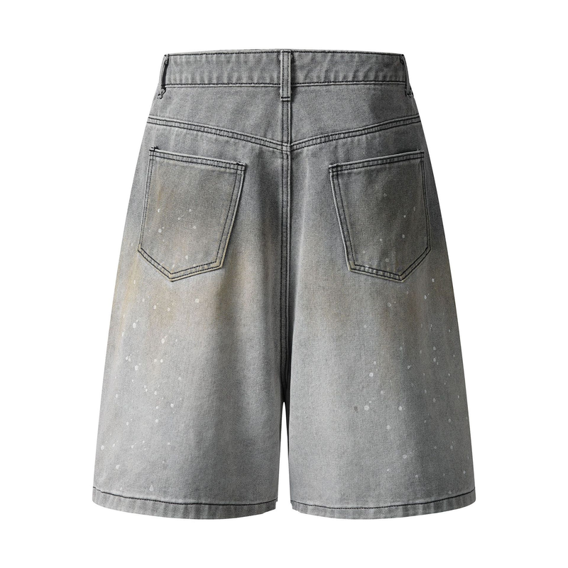 Herrenbekleidung Retro Washed Distressed Ink Splashed Jeans High Street Personality Loose Wide Leg Shorts_voghion.com