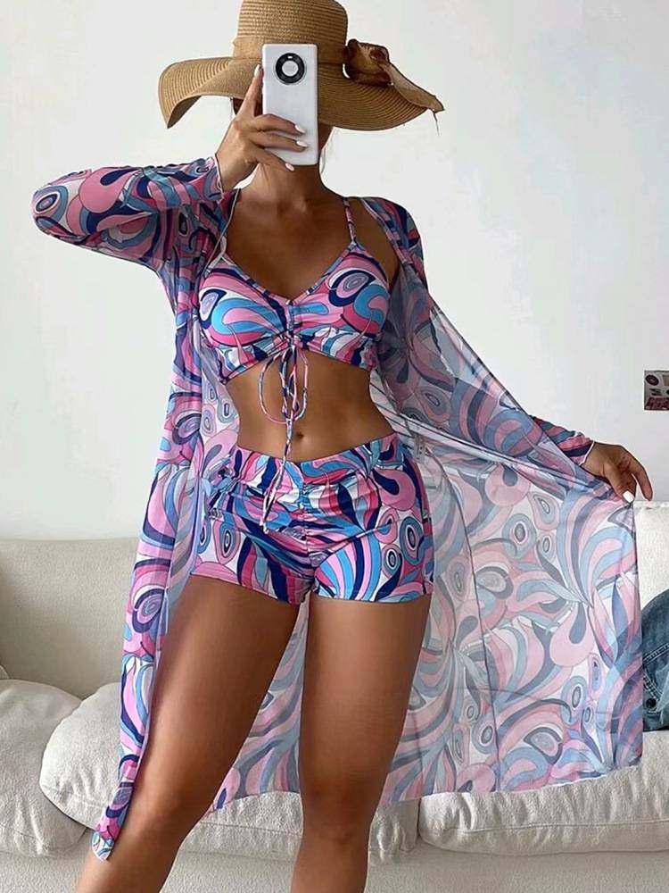 Women's Split Chest Drawstring High Waist Boxer Underwear Digital Printing Long Concealer Swimsuit_voghion.com