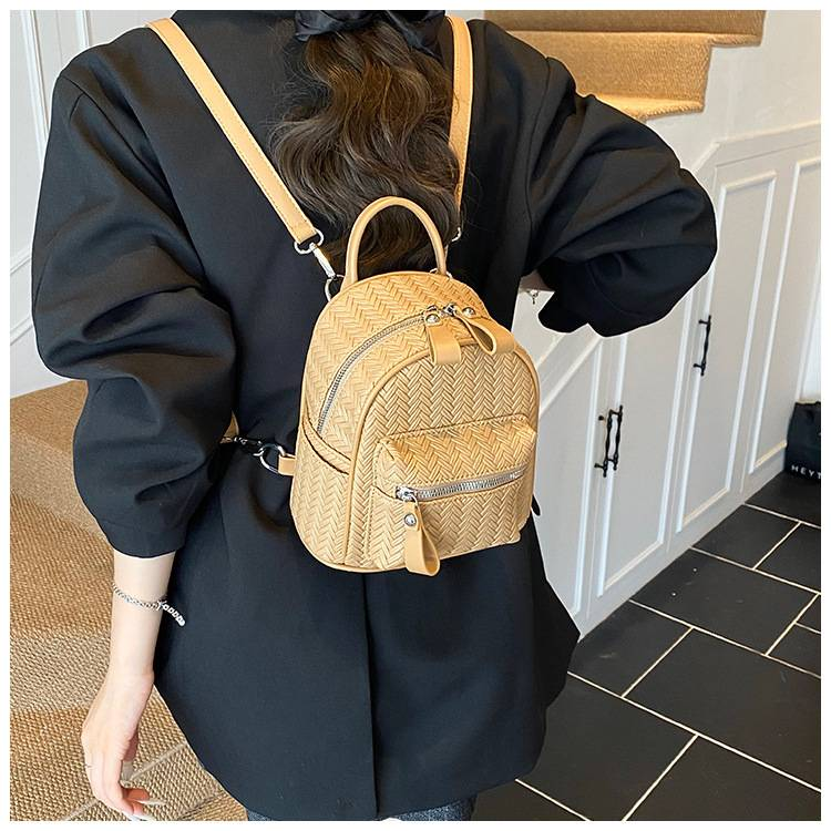 Casual Personalized Backpack With Woven Pattern And Double Zippers, Handbag With Dual Shoulder Straps_voghion.com