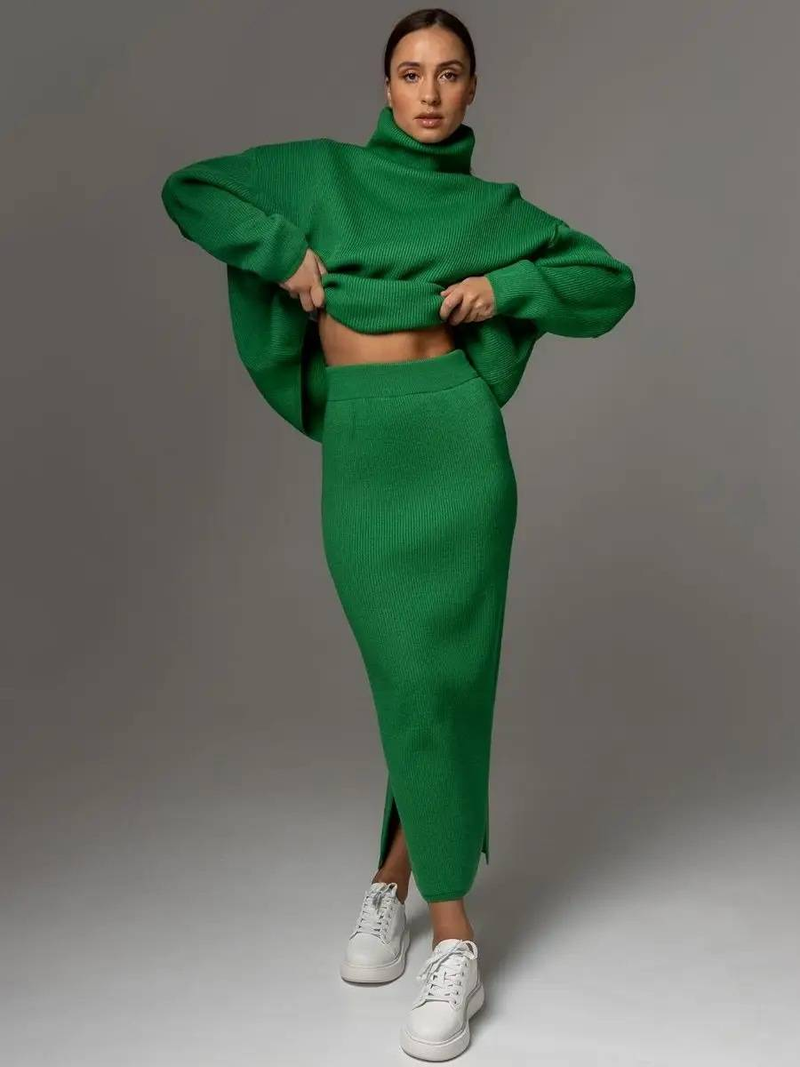 Knitted High-neck Sweater & Slim-fit Skirt Set – Elegant Two-piece Outfit In Beige, Olive Green, White, Green, Yellow, Light Gray, Emerald, Black_voghion.com