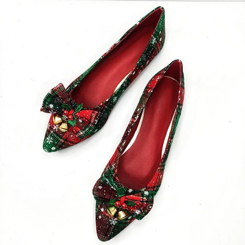Damenschuhe für Weihnachten, spitze Zehenpartie, Mädchen-Flats mit Glöckchen, Größe 33–44, rot karierte Schuhe_voghion.com